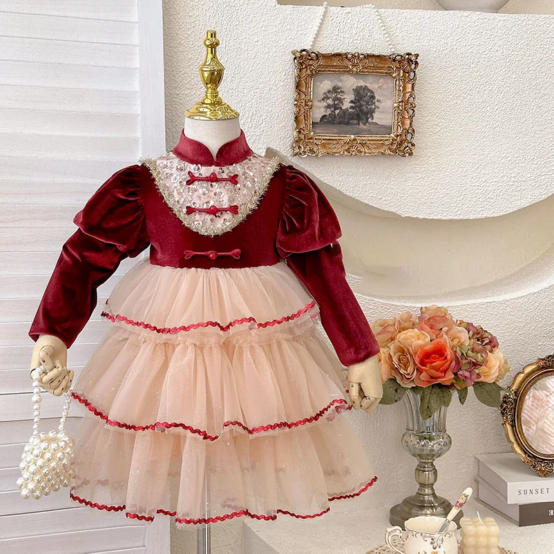 

Girls' New Year Dress Red Puffy Princess Dress Diamond Lolita Kids Clothes For Birthday Prom School Performance Gown