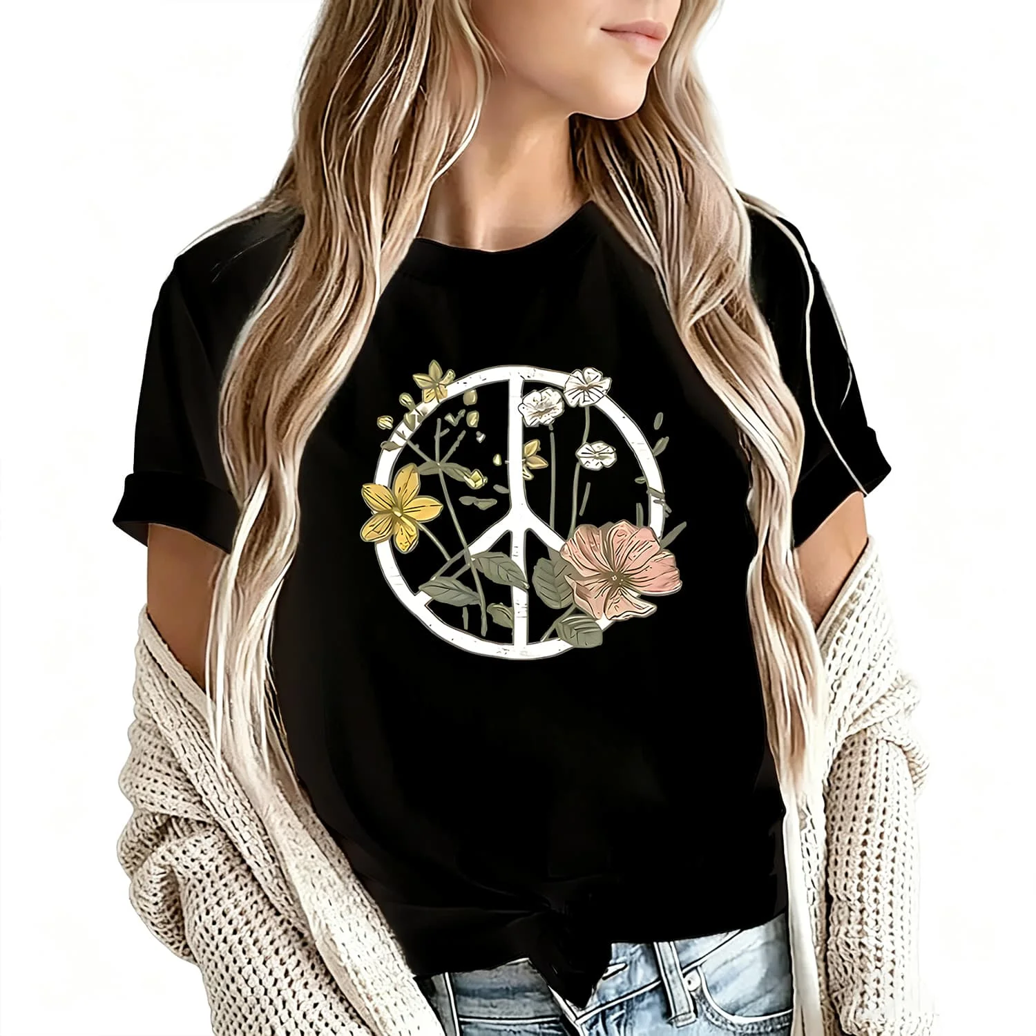 Bohemian Floral Peace Symbol Print Women's T-Shirt 100% Cotton Funny Graphic Short Sleeve Tee Novelty Shirt Casual Crew Neck Top S-5Xl