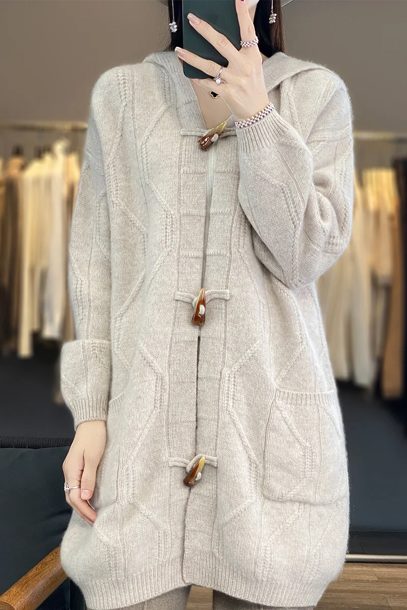 Women's Merino Wool Hooded Cardigan, 100% Merino Wool, Autumn and Winter Sweater, New Buckle Cable, Thickened, Official