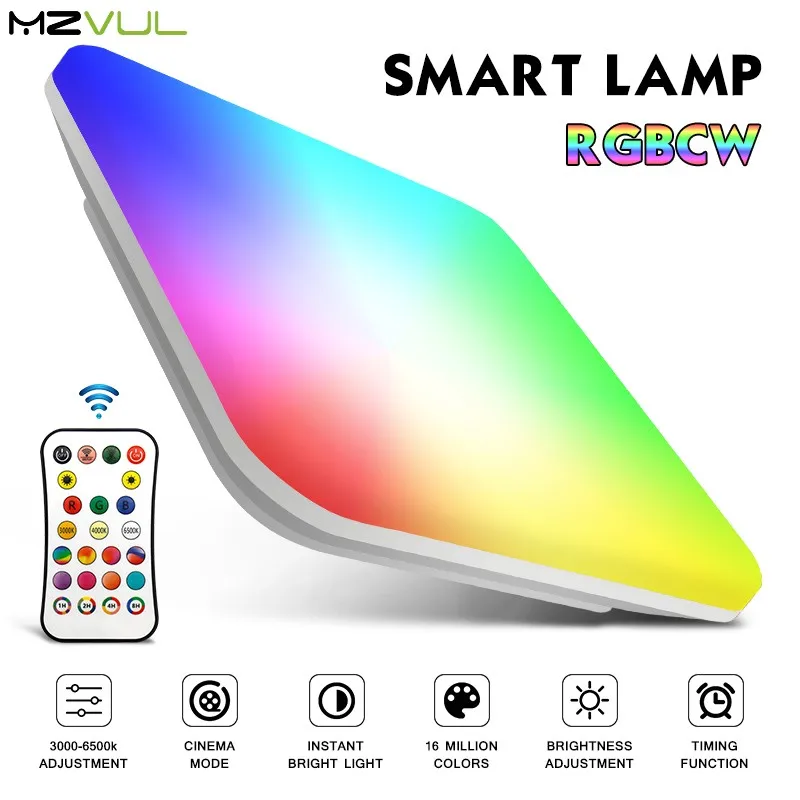 Square Smart RGBCW Ceiling Light 24W Full Light Color Temperature AC110V220V RF Remote Control 16Million Colors for Family Party