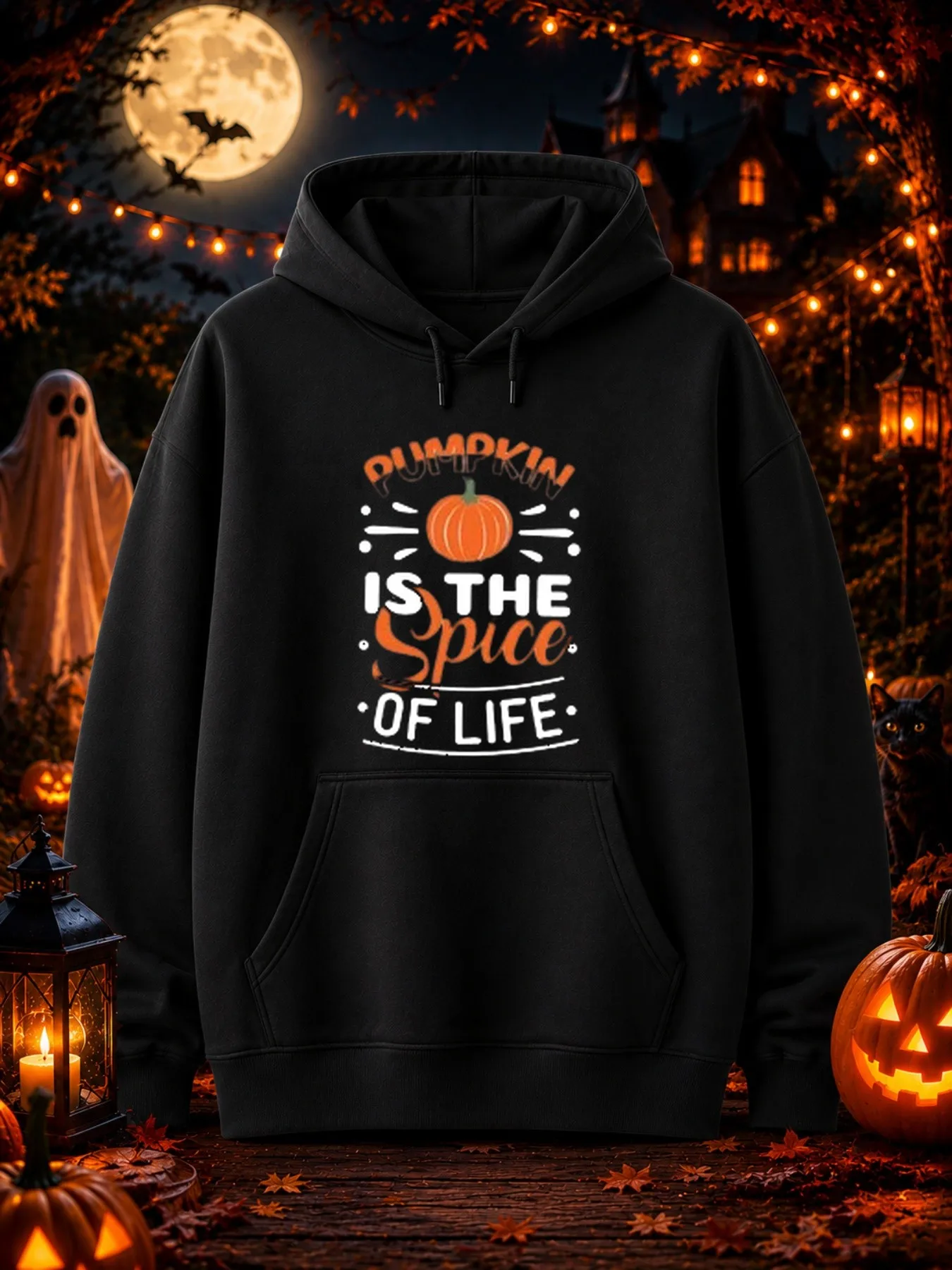 Men's Printed Hoodie with Curved Pumpkin Lettering Located Above the Outline of the Pumpkin Pattern, and Cursive Spi Lettering Halloween Special Edition Retro Street Style Sweatshirt, Trendy Casual Autumn Outfit