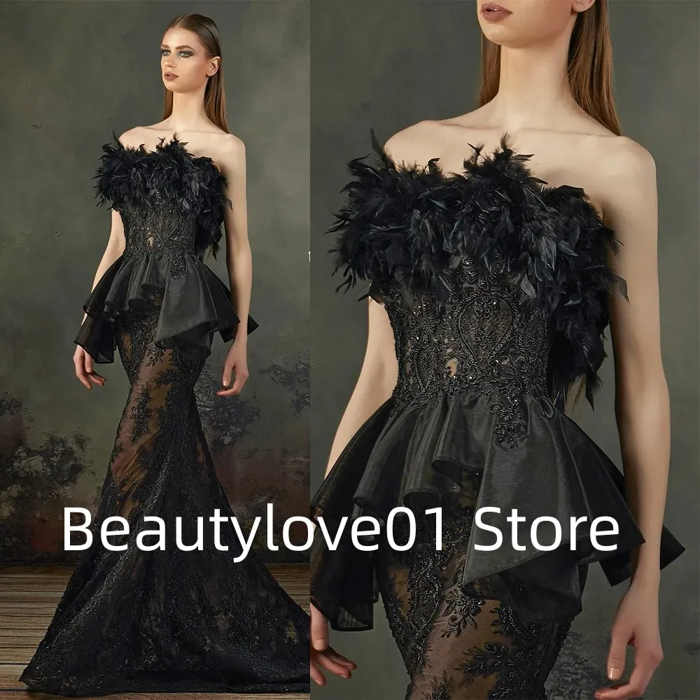 Black strapless sexy feather lace dance dress with sexy matching stickers, mermaid mesh, evening atmosphere, and evening dress