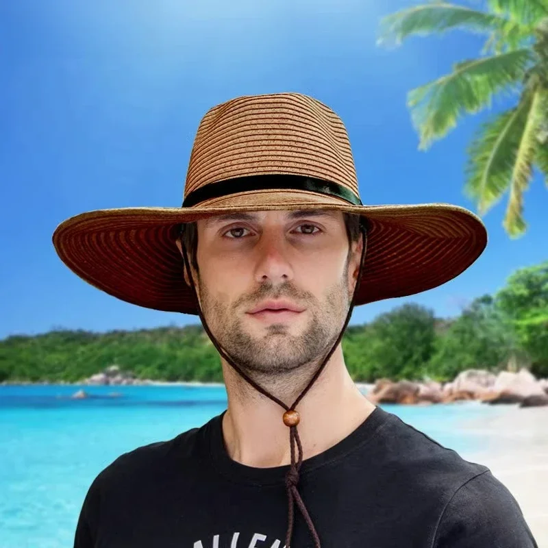 

Big Brim Woven Straw Hat Foldable Jazz Straw Hat for Men and Women Summer Beach Lanyard Sunscreen Outdoor Sports Sun Hat