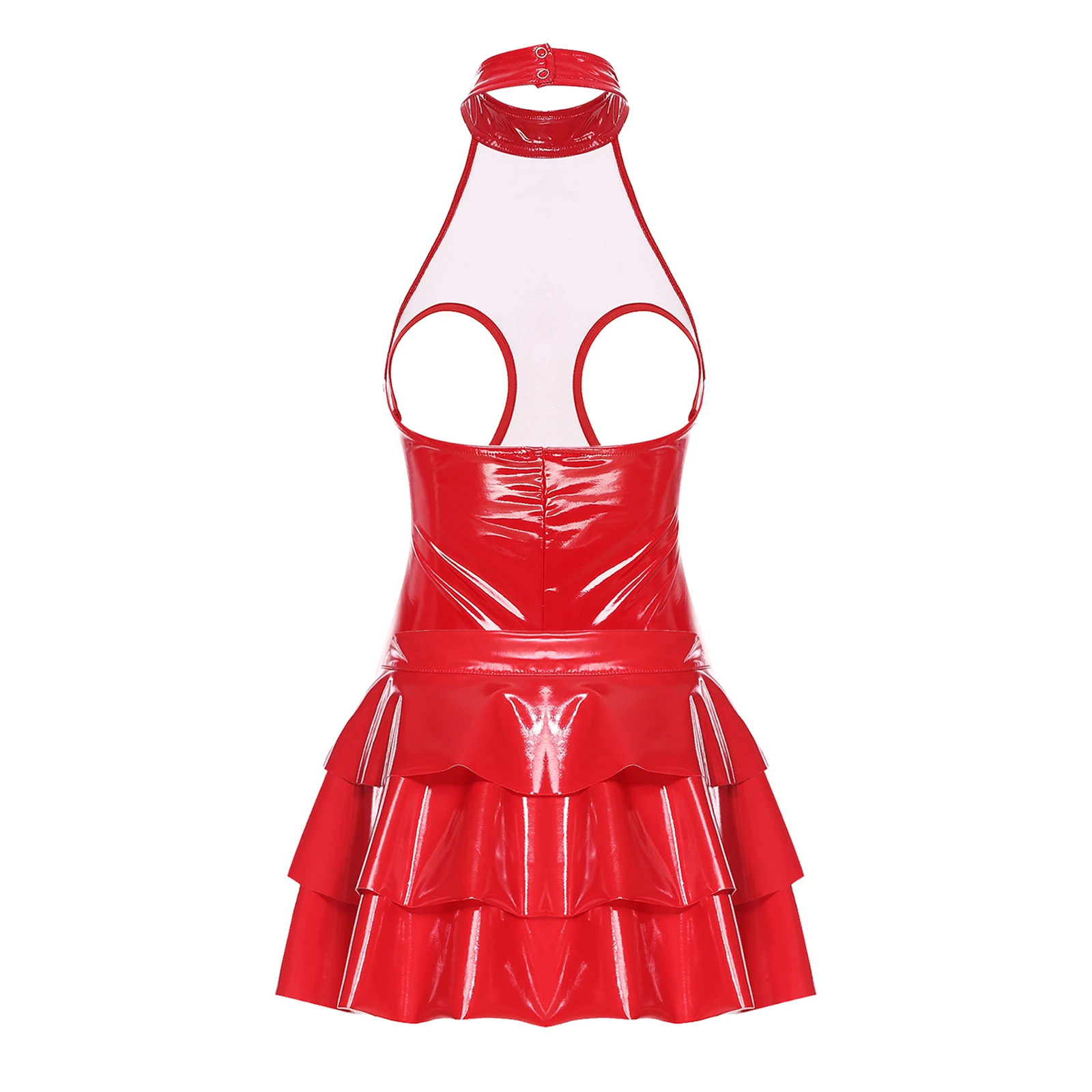

Women Patent Leather Bodycon Dress Halter Sleeveless Skater Mini Dresses Rave Dance Party Performance Wear Swing Skirt Clubwear