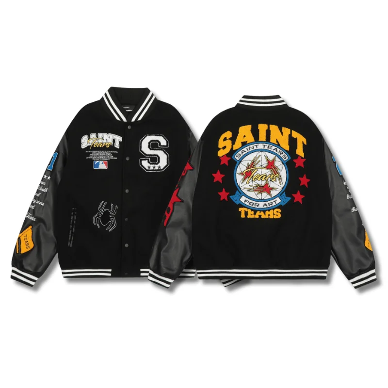 

Saint Leather Jackets High Street Casual Loose Patchwork Winter Thickened Embroidered Couple Flight Baseball Jacket