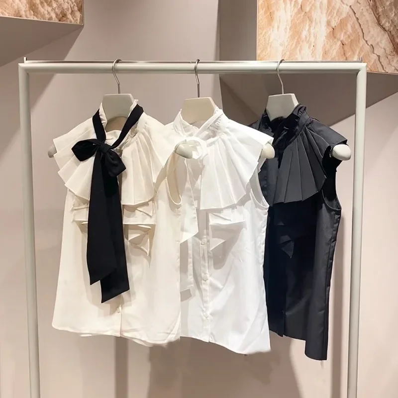 Cascading Ruffle Bandage Bow Blusas Mujer Japanese Stand Collar Pleated Shirts Blouses Sleeveless Camisas Summer Shirt Tops