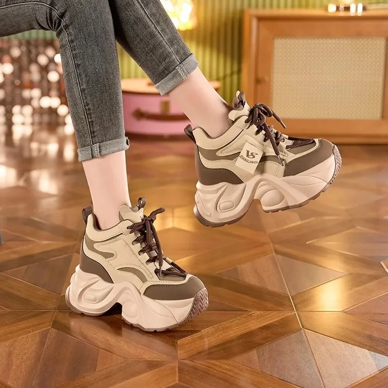 

2025Women Dad Shoes Thick Sole Height Increasing Casual Shoes Chunky Sole Warm Comfortable Lace Up Platform Sneakers Ladies Shoe