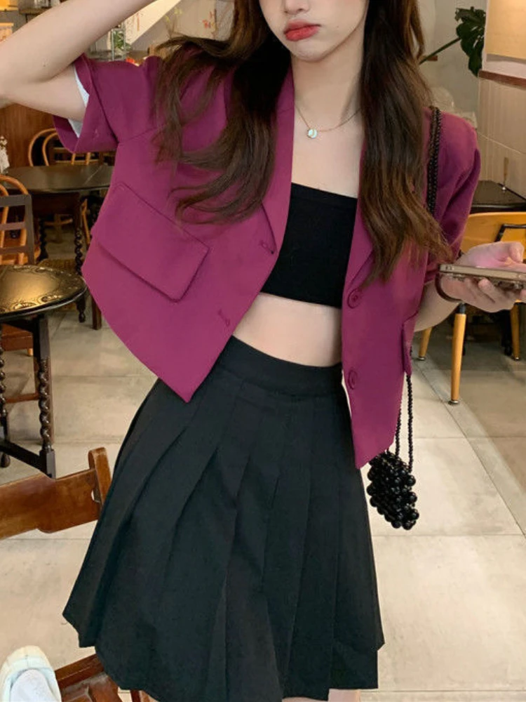 Koreańska nowa moda jednokolorowe eleganckie krótkie płaszcze garniturowe letnia krótka kurtka z krótkim rękawem damska guziki cienka casualowa
