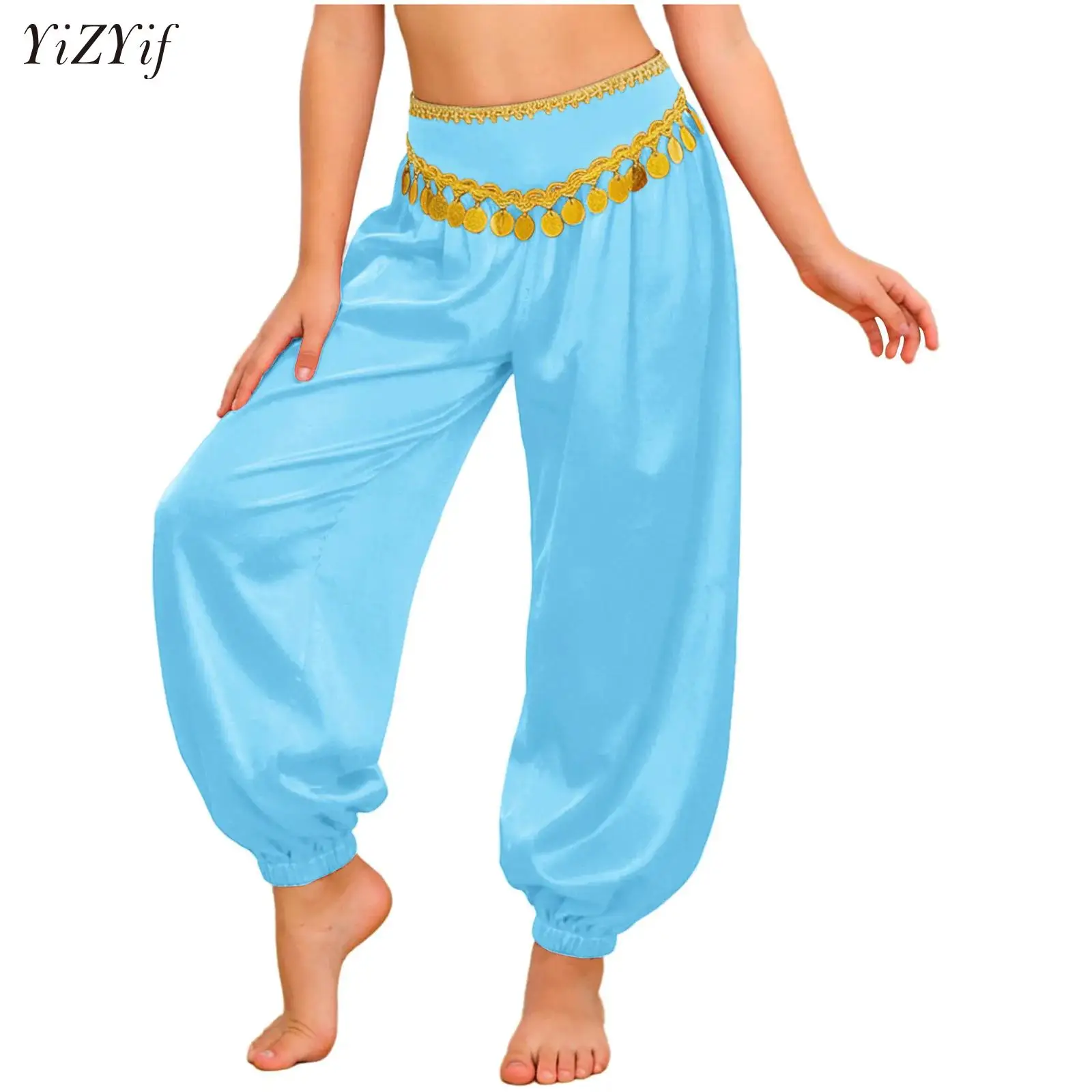 

Indian Belly Dance Pants Bloomers for Kids Girls Braid Trim Sequin Tassels Pants for Belly Dancing Theme Party Carnival Costume