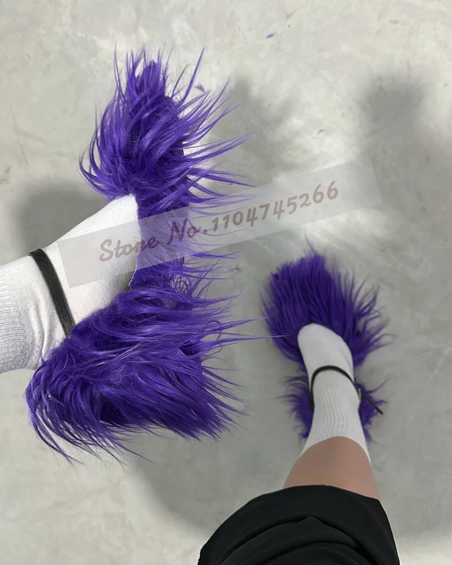 

Purple Fur Chunky Heel Square Toe Dress Pumps Fluffy Plush Elegant Banquet Shoes Ankle Buckle Strap Furry Footwear Fringe Heels