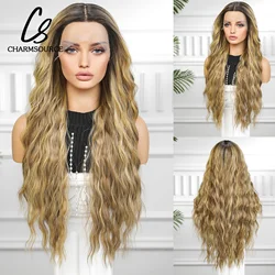 CharmSource Lace Front Wigs Brown Ombre Blonde Synthetic Long Curly Wigs with Dark Root for Women Daily Cosplay High Density