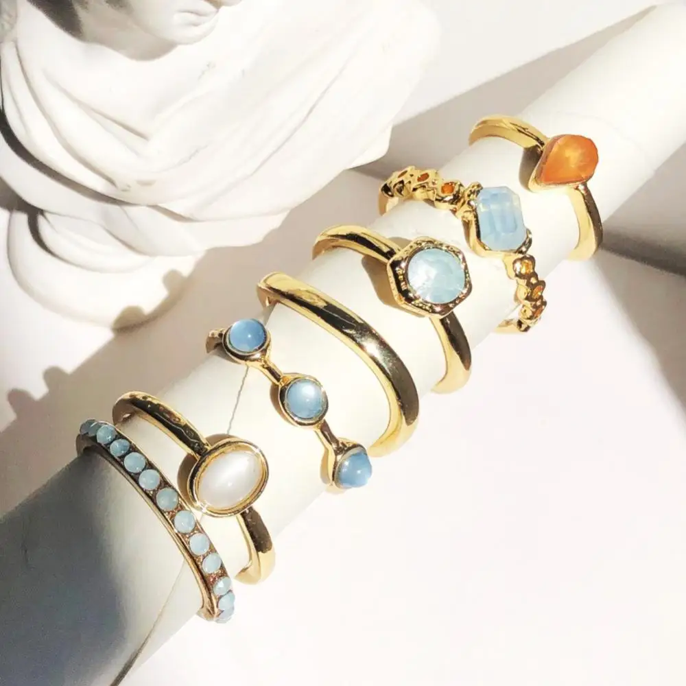 8pcs/set Vintage Colorful Stone Ring Set Metallic Chain Trendy Irregular Geometry Hit Rings For Women Girls Jewelry Gifts image 5