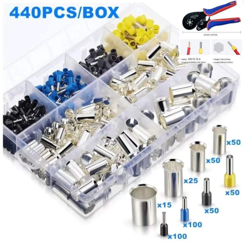 440Pcs Cold Pressed Crimp Connectors Electrical Wire Terminal End Ferrules&Plier