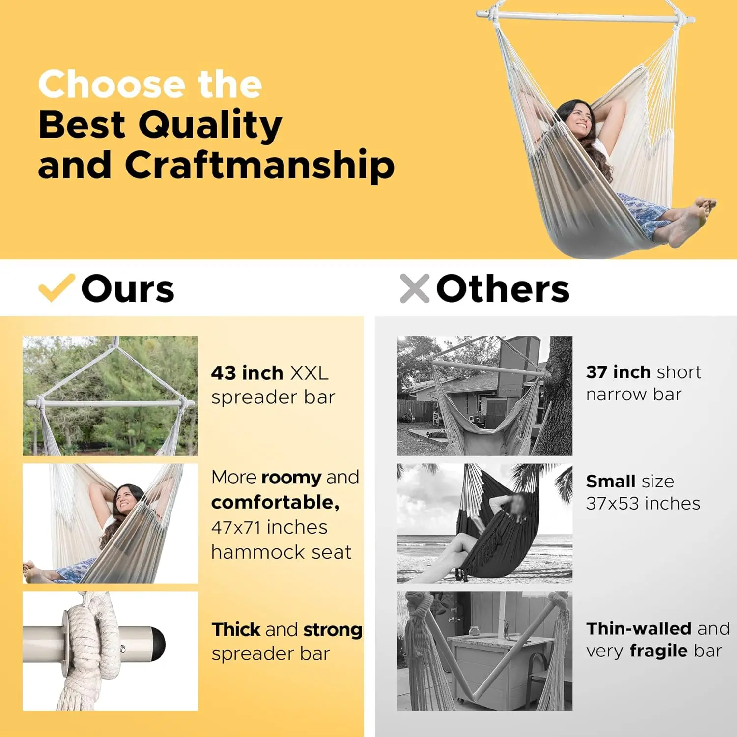 Hammock Chair Hanging Chair Rope Swing XXL - Max 500lbs, 70in Large Hammock Swing Chair -Portable Steel Spreader Bar with Ant