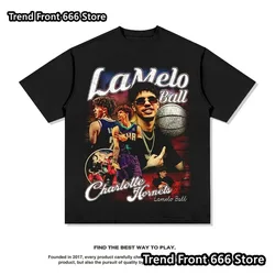 New arrives Summer Mens LaMelo Three ball Bauer Print Cotton T shirts Trend Vintage Tees Men's Short Sleeve Streetwear Tops