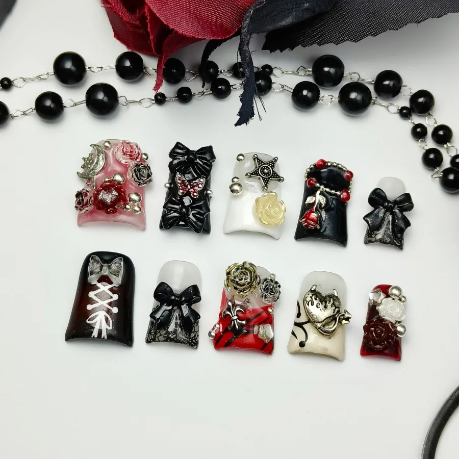 

10Pcs/Set Handmade French Manicure Y2K Style Acrylic Nails，Press on fake nails, artificial nails, adhesive fake nails