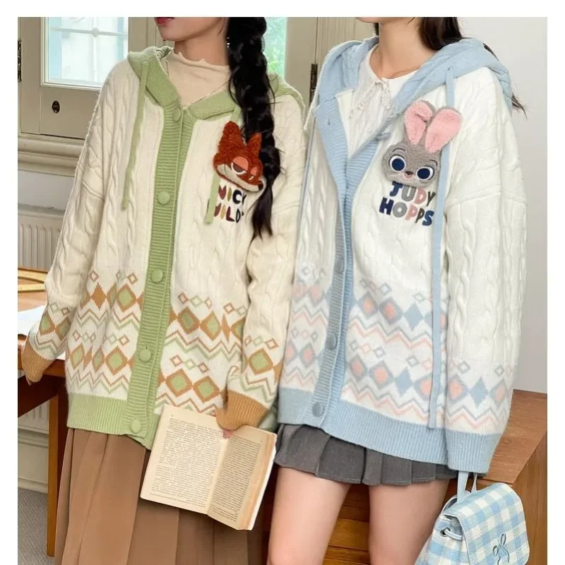 Disney Cartoon Zootopia Hoodie Winter Anime Judy Hopps Nick Wilde Doll Jacket Cute Girl Knitting Sweater Loose Cardigan Coat Top