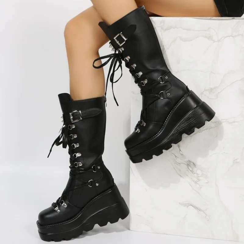 Winter Boots Women Mid Calf Boots Knee High Rock Punk Goth Women Boots Military Casual Comfortable Retro Platform Shoes Woman