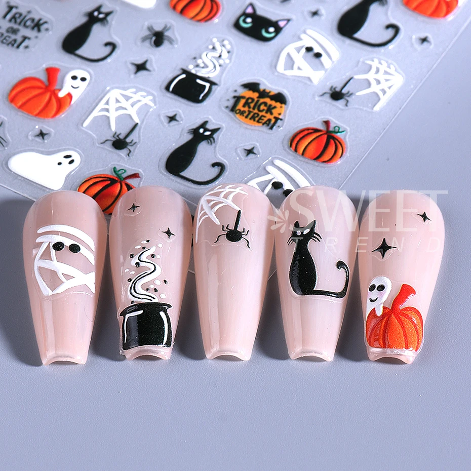 1/3 stücke 3D Halloween Nagel Aufkleber Kürbis Geist Spinne Schädel Design Bogen Blume Nette Katze Klebstoff Slider Aufkleber maniküre Dekor