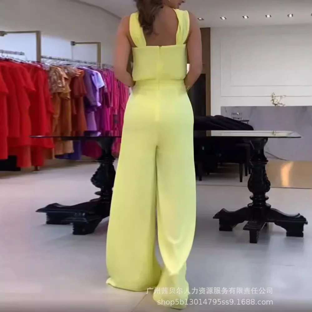 Mandylandy Summer Women Chiffon Jumpsuit High Waist Wide Leg Pants Jumpsuits Solid Color Sexy Sleeveless Long Jumpsuits Trousers