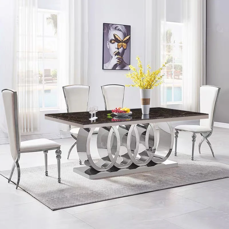 Modern luxury sliver gold metal marble dining table set full dinner tables leather dinning chairs sets dining room furniture