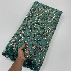 TLXT African Green Beaded Lace Fabric 5 Yards Wedding Fabrics for Women Dubai French Tulle Net Embroidery Fabric with Sequins