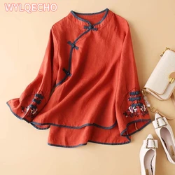 2023 Chinese Style Embroidery Blouse for Women  Summer O-neck Short Sleeve Cotton and  Linen traditional Tang suit Top