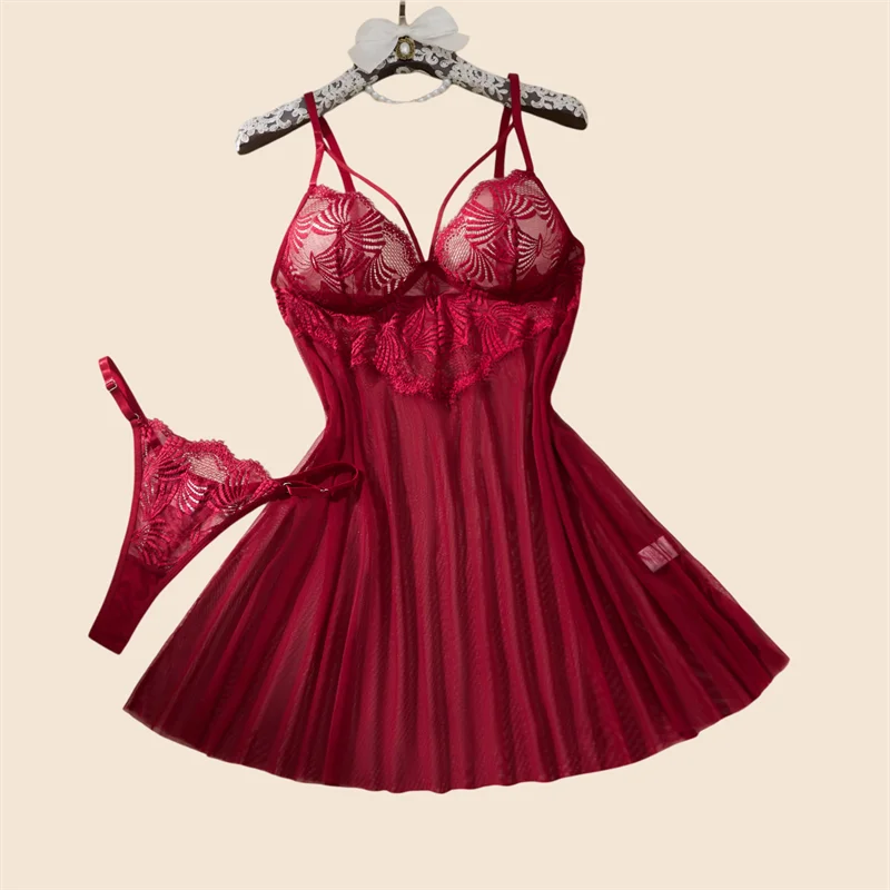 Summer Pajamas Lace Splicing Wine Red Night Dress Women V-Neck Suspenders Night Clothes Hollow Sexy Bedroom Costumes Nightgowns