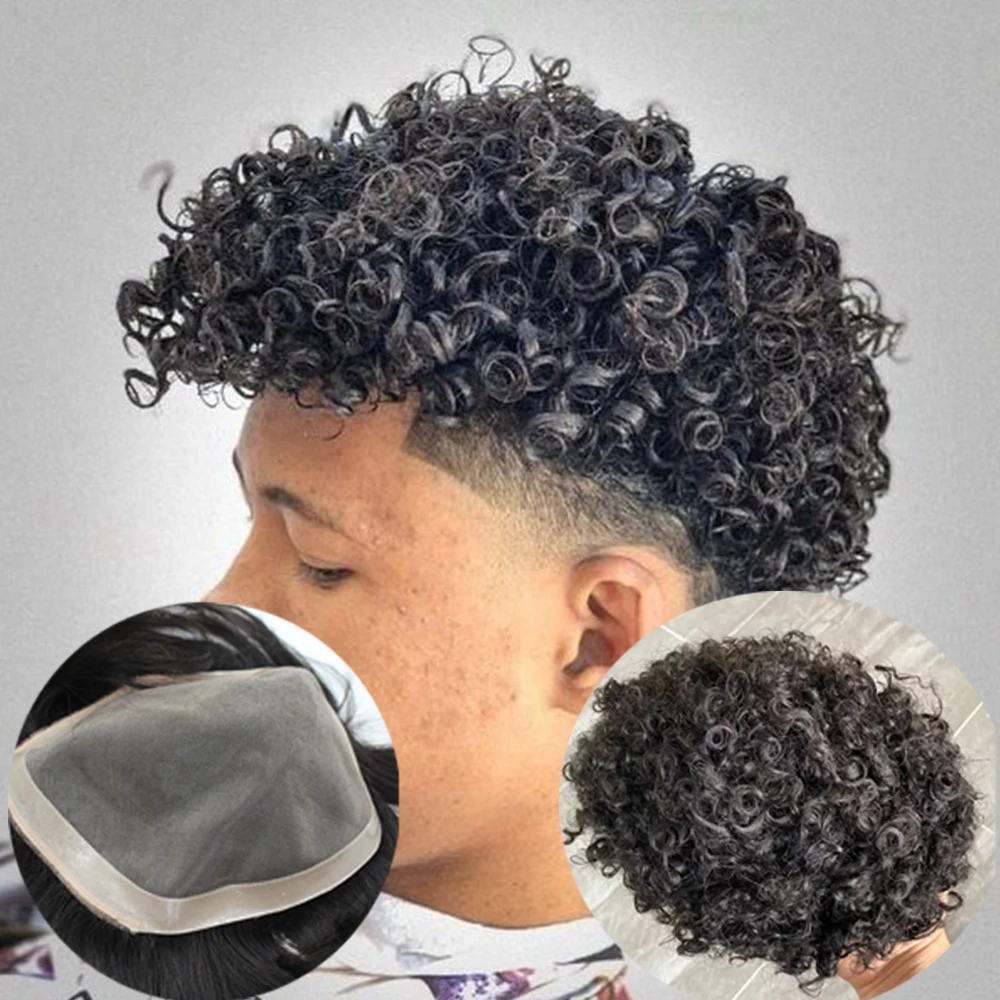 Cool Man-tupé de cabello humano rizado para hombres, Base de PU Mono fino duradero, postizos de aspecto Natural, negro, 15mm