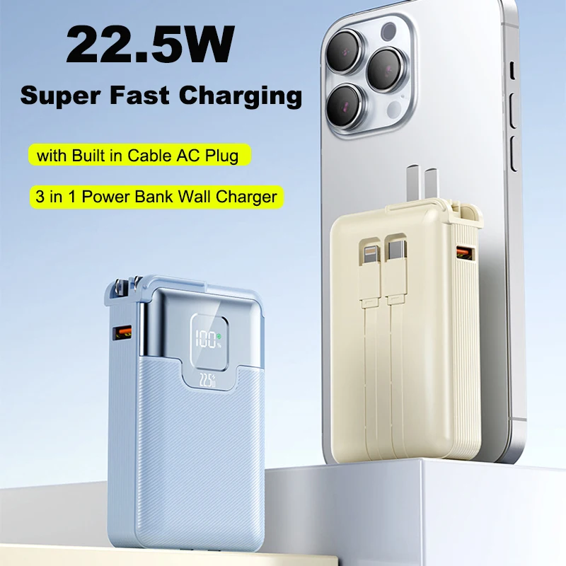 

3 in 1 Power Bank Wall Charger with Cable AC Plug Powerbank 22.5W Fast Charging for iPhone 16 15 Samsung Xiaomi External Battery