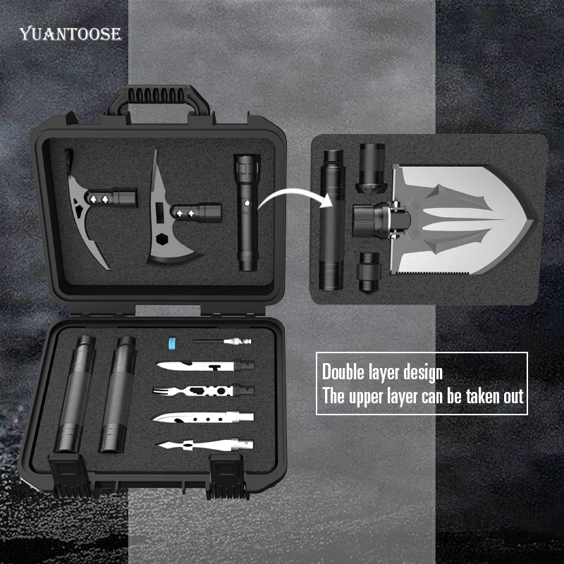 

Flashlight Folding Shovel Set Camping Outdoor Tool Portable Shovel Axe Survival Kit