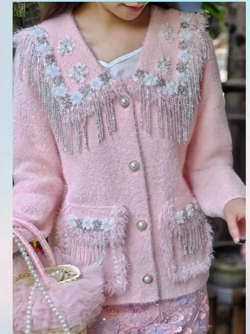 

Утолщенное осенне-зимнее пальто феи с цветочной бахромой из бисера