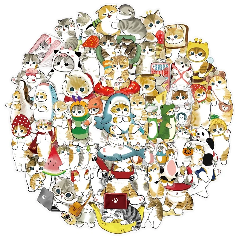 56PCS Cute Cat PET Adhesive Phone Sticker Aesthetic Tear Open Color Decoration DIY Laptop Luggage Skateboard