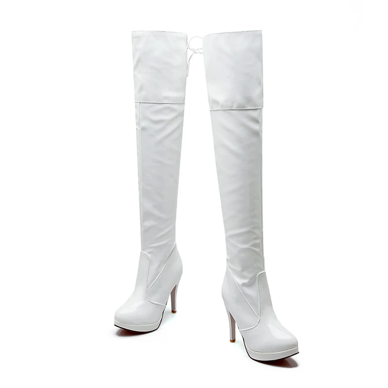 REAVE CAT 2021 Sexy Over The Knee Boots Patent Leather Velvet Round Toe Lace Up Platform 11cm Thin Heel US12 White Red A4348