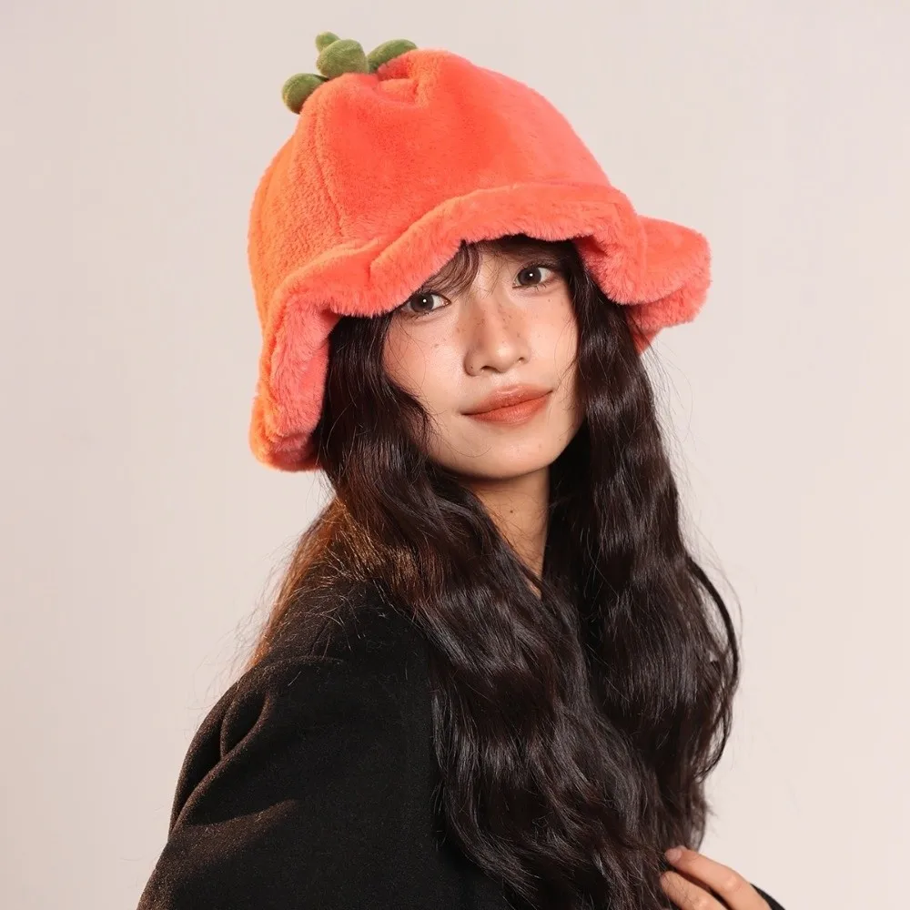 

Casual Tomato Winter Fisherman Hat Rolled-up Fluffy Plush Bucket Hat Ear Protection Hat Thickened Beanie Hat Winter/Autumn