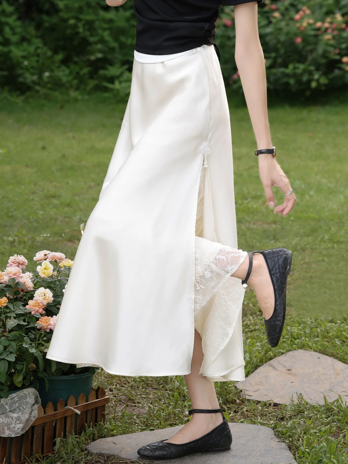 

South Deer Moonlight Summer Half Skirt Women's Satin Lace Splicing Skirt Casual Pure Color A-Line Midi Skirt for Ladies