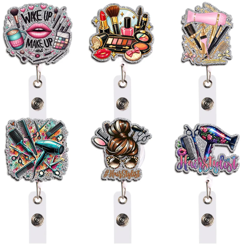 Colorful Salon Badge Reel Retractable ID Holder Hair Stylist Scissor Dryer Leopard Unique Gift for Lovers