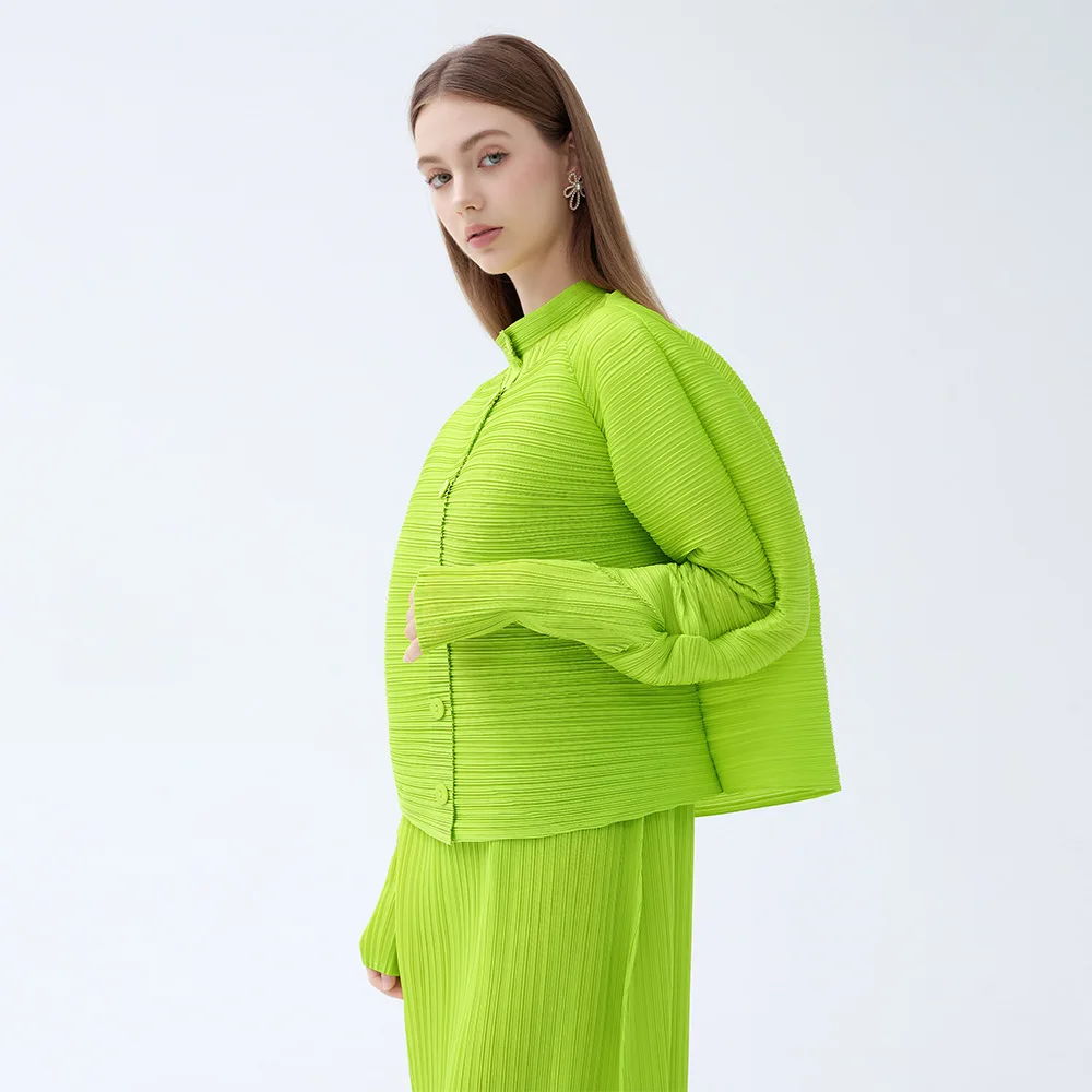 Miyake Pleated Short Cardigan for Women Round Neck Button Front Raglan Long Sleeve Loose Wrinkle‑Resistant Cropped Outer Jacket
