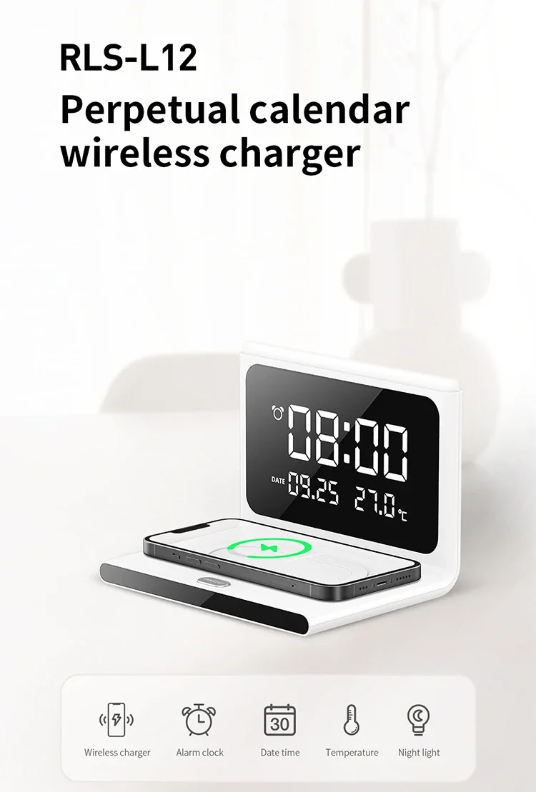 Manufacturer Digital Alarm Clock Fast charging 15W Multifunctional Wireless Charger  Calendar with LED ambient light