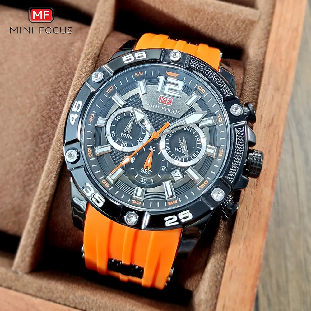 MINI FOCUS Orange Watch for Men Military Sport Chronograph Quartz Wristwatch with Silicone Strap Waterproof Luminous Hands 0349