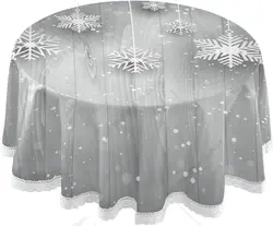 Silver Christmas Tree Round Tablecloth Snowflake Table Cover with Lace for Buffet Table Home Parties Holiday Dinner 60 Inch