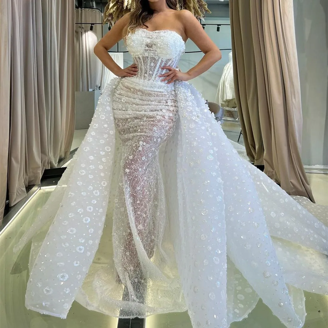 

Женское свадебное платье с юбкой-годе, кружевное платье без рукавов со съемным шлейфом и блестками, 3 шт.