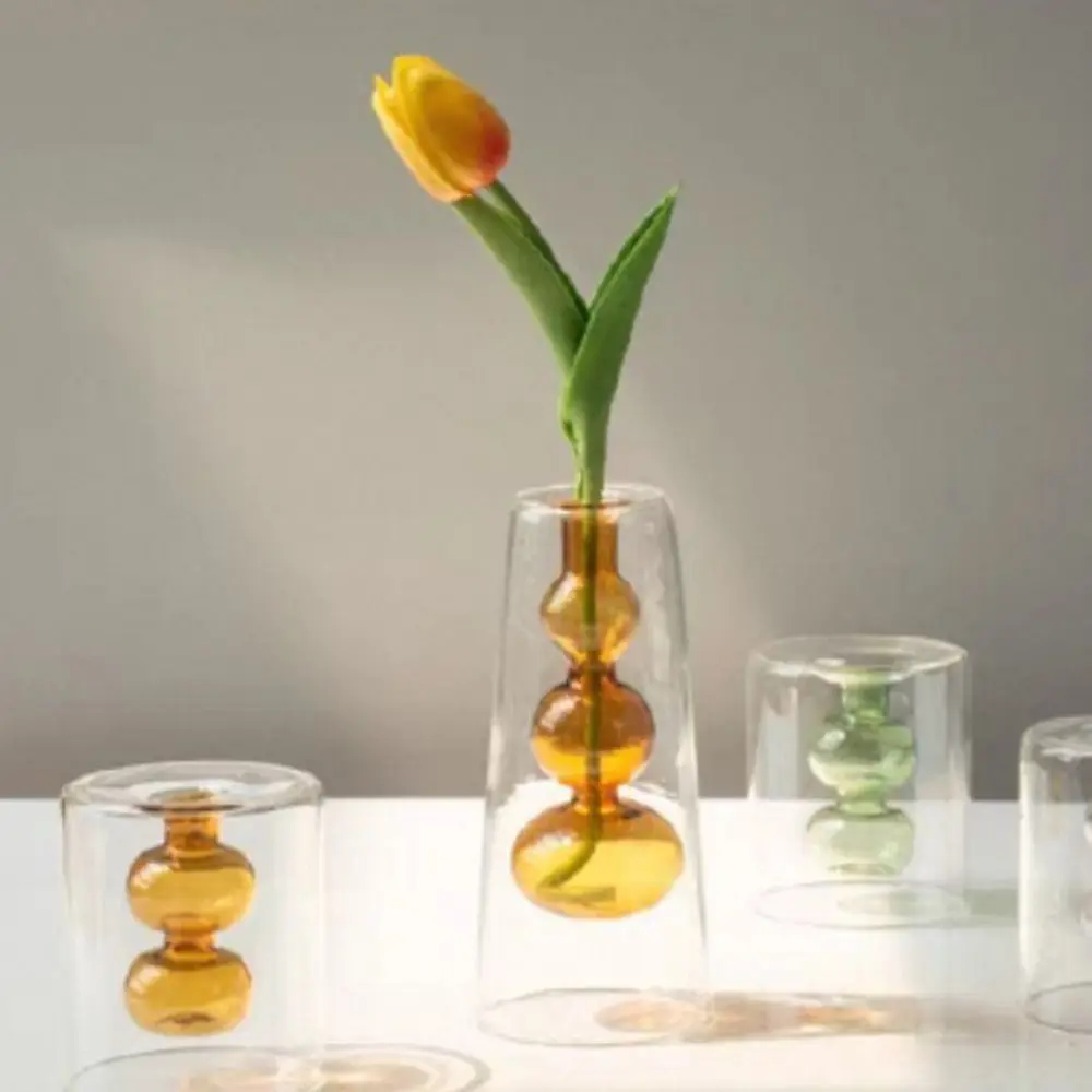 Nordic Style Colored Glass Vase Minimalism Creative Double-layer Flower Vase Elegant Simple Volatile Containers