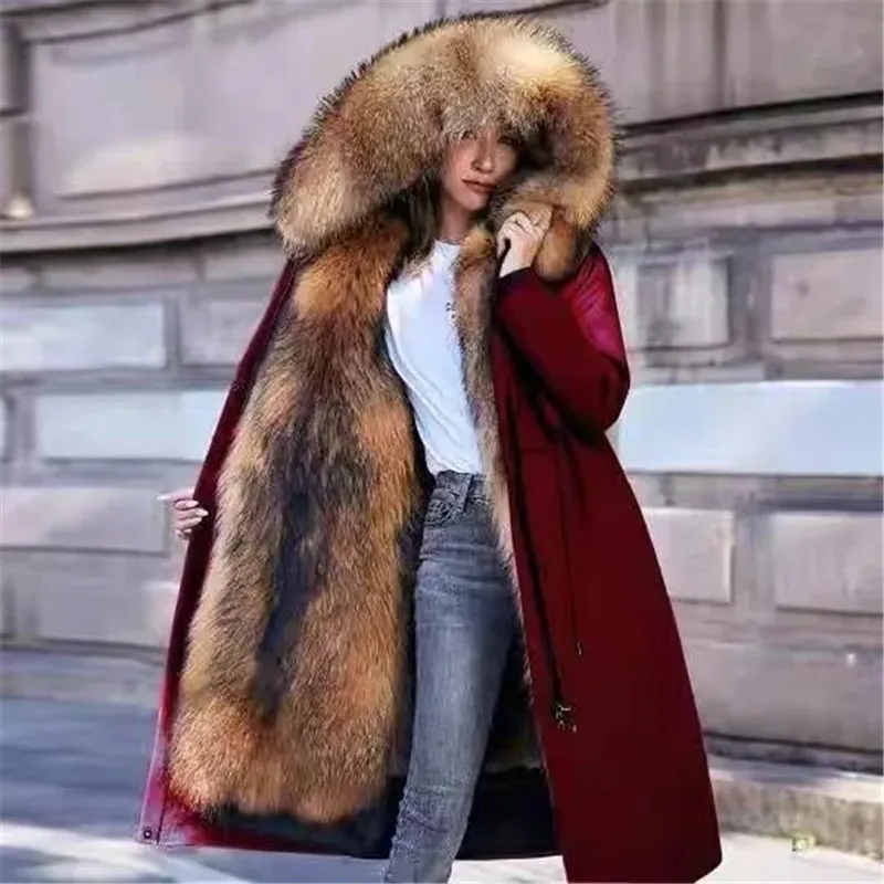 

Super Thick Warm Winter Parkas Jacket Dtachable Wool Liner Fur Coat Female Loose Hooded Long Parkas Imitation Fur Jacket S-5XL