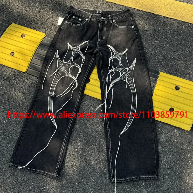 

American High Street Thug Club Jeans Hip Hop Tree Beard Line Embroidery Washed Casual Thug Club Wide-leg Pants Denim Trousers