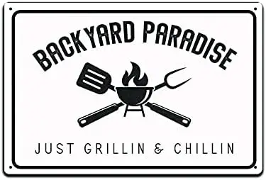 JP's Parcels Tin Signs Backyard Patio Decor-Metal Sign 12 x 8 in. Backyard Paradise Just Grillin and Chillin