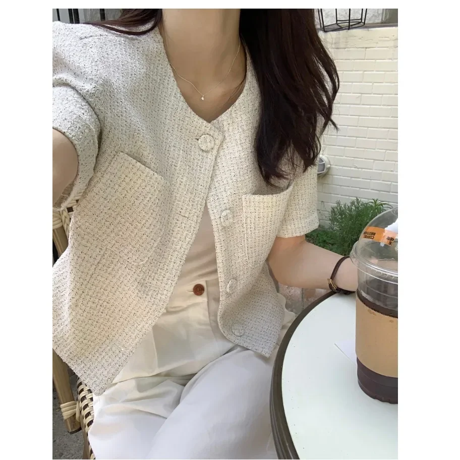 Slimming Plaid Open Cardigan Women's Commute Cotton Blend Spring Season Single Button Closure