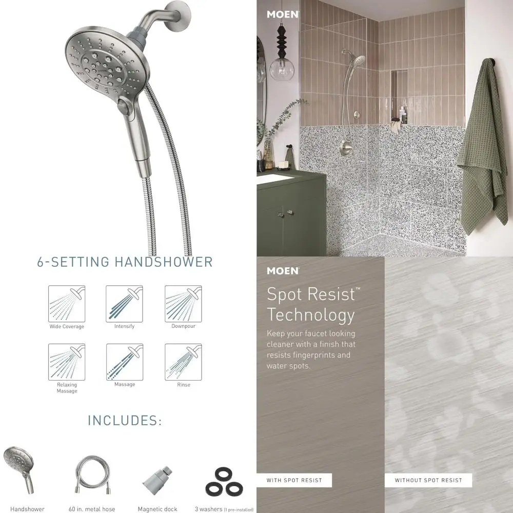 

«Шестифункциональная съемная ручная насадка для душа с магнитной док-станцией, матовый никель, 5,5 дюйма»