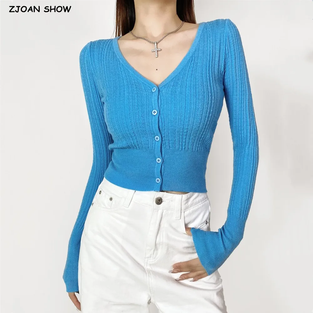 2024 American Retro V neck Button Through Crop Pointelle Knitted Cardigan Hole Cuff Twist Sweater Woman Slim Full Sleeve Jumper