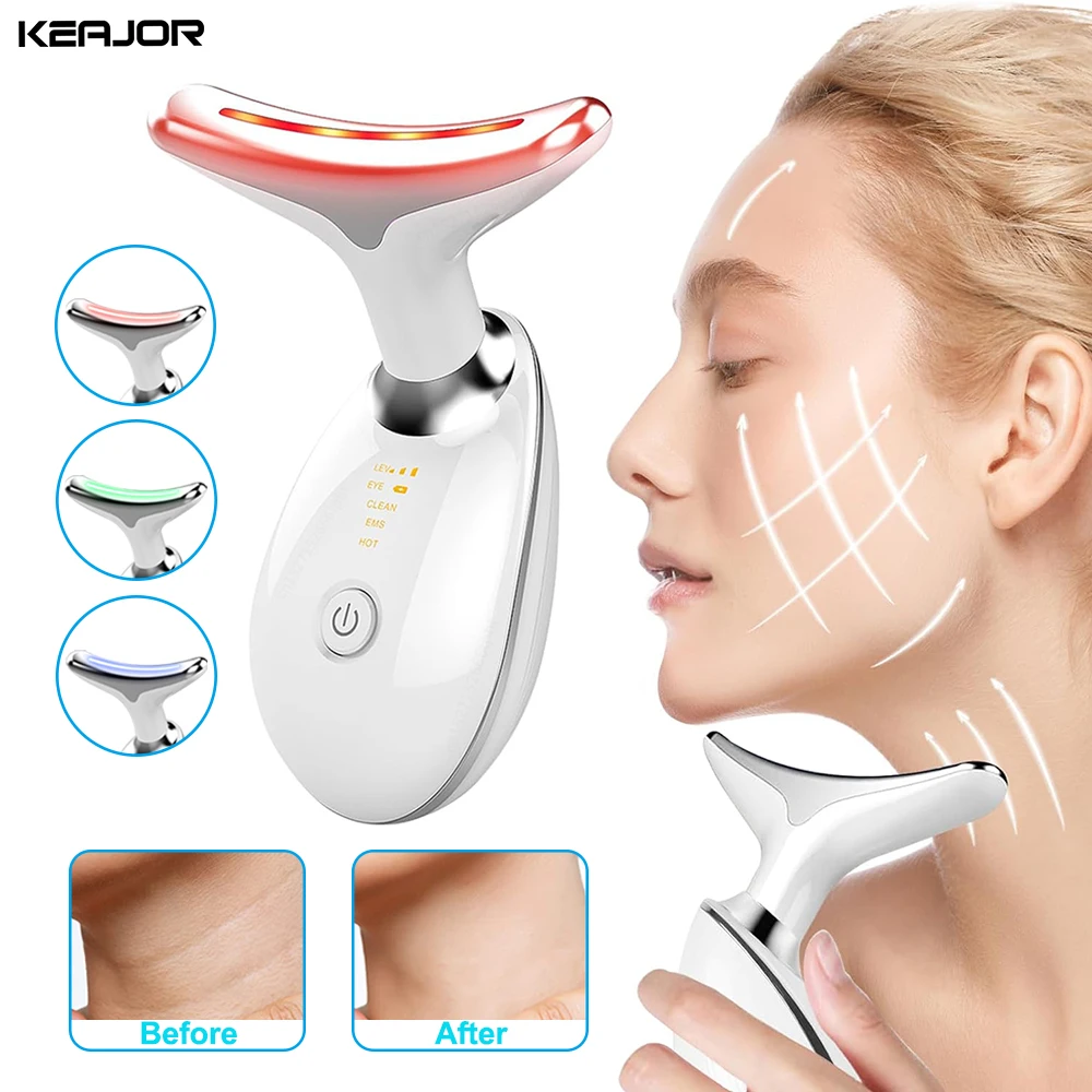 คอเครื่องนวดกระชับใบหน้า EMS Microcurrent อุปกรณ์ยกกระชับผิวหน้า LED Photon Therapy Double Chin คอริ้วรอย Remover